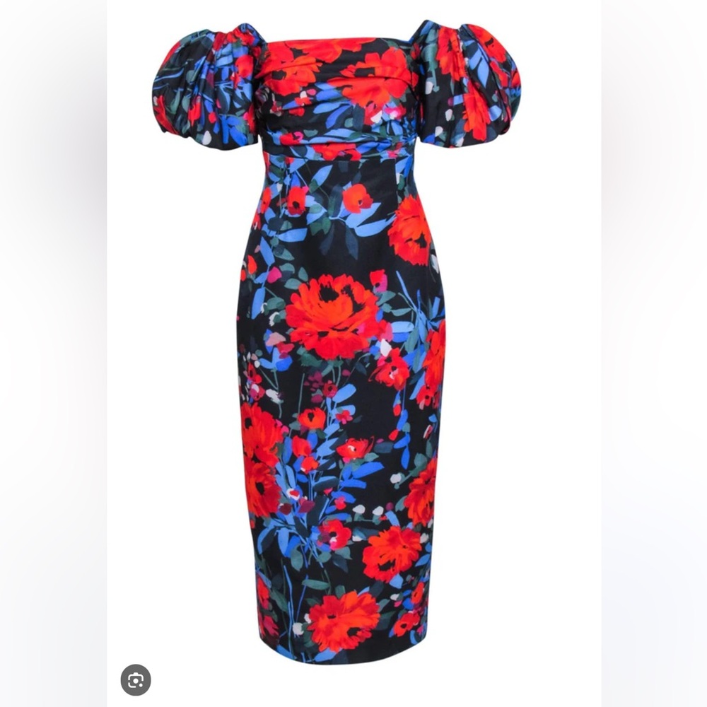 Lela Rose Red and Blue Floral Midi Dress